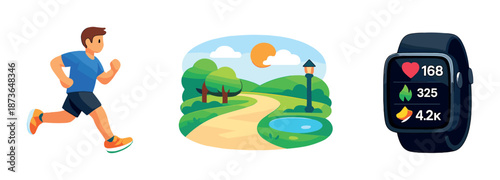 Asian male running with smartwatch tracking fitness on nature trail