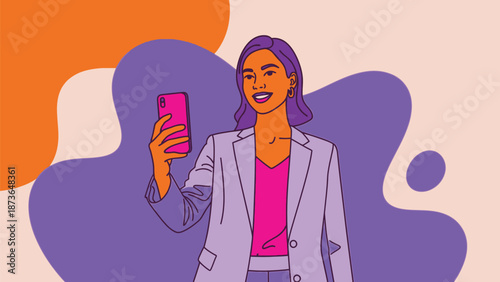 Vibrant digital illustration of a smiling professional woman capturing a moment with her smartphone
