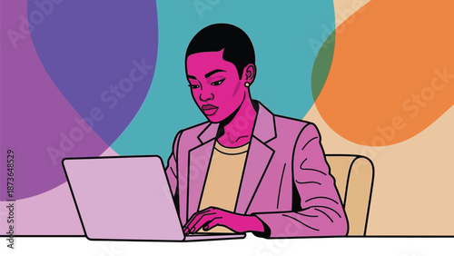 Dynamic pop art style depiction of a modern professional woman engaged in digital work at her