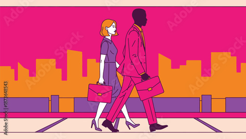 Dynamic urban professionals stride forward carrying briefcases through a vibrant stylized city