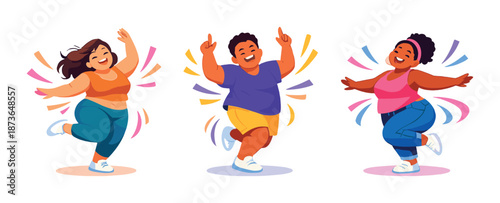 Joyful cartoon figures in colorful outfits dancing