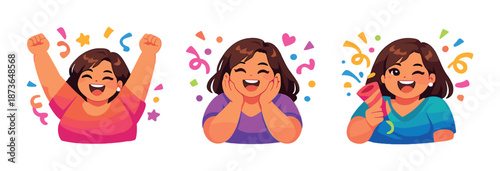 Animated female characters celebrating with joyful expressions and festive colors