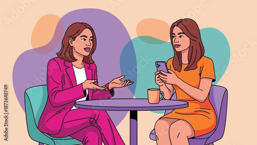 Two professional women engaging in conversation at a cafe table, one using a mobile phone,