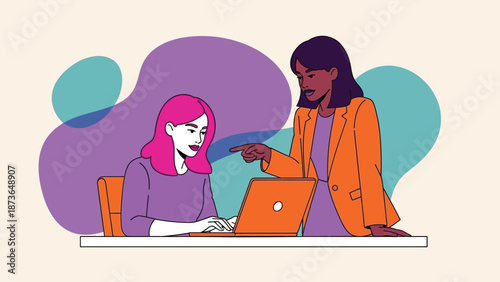 Dynamic professional women collaborating on a laptop, sharing expertise and fostering mentorship