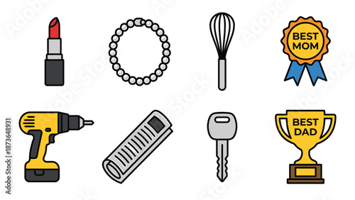 Mom and Dad Everyday Items Icons. Vector Set of Objects, Tools, Accessories & Awards Representing Parental Roles and Family Life.