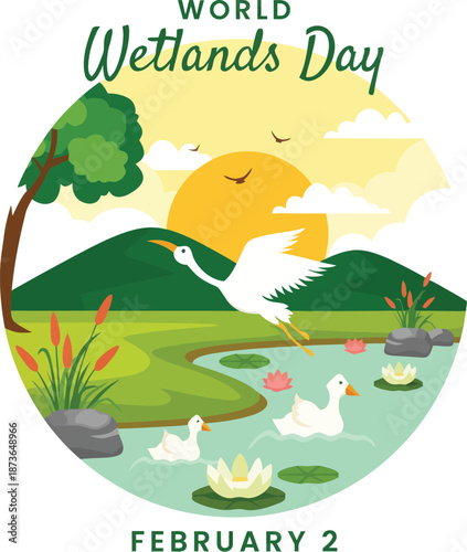 World Wetlands Day Landscape Illustration with Waterfowl and Lotus Flowers in a Pond