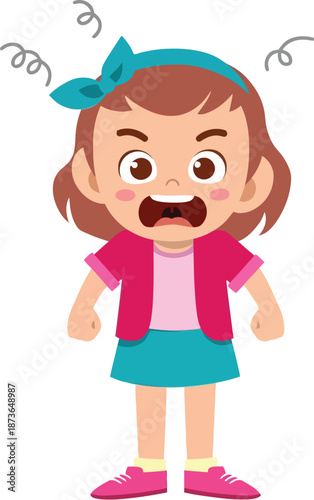 Cute cartoon illustration of a little girl feeling extremely angry and frustrated, throwing a tantrum with a shouting expression and swirls over her head.