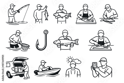Hand drawn line art fishing icons set featuring fishermen, fish, boats and hooks for outdoor recreation and food preparation