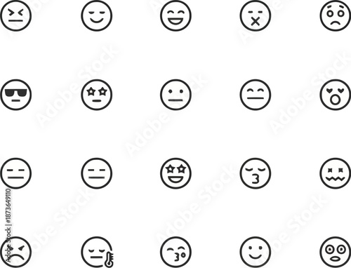 Professional set of 20 emoji line icons with descriptive text labels for various emotions including shouting, happy, worried, joyful, and more.