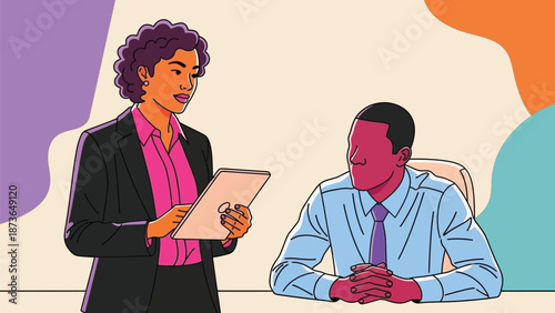 Engaging professional business discussion between diverse colleagues in a modern office setting