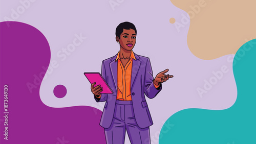 Dynamic professional explaining ideas with a tablet, featuring a modern graphic style background