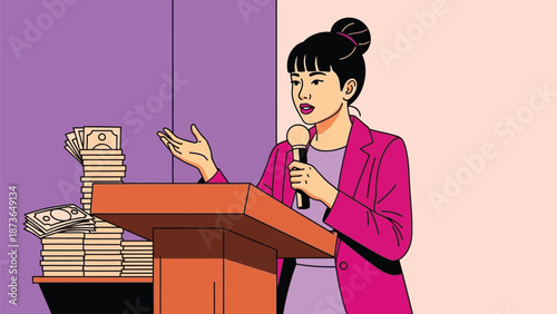 Engaging public speaker addressing critical financial matters from a modern podium setup with cash