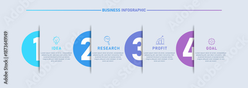 Business infographic template featuring 4 steps with icons and numbered elements. Clean and modern design suitable for business concepts