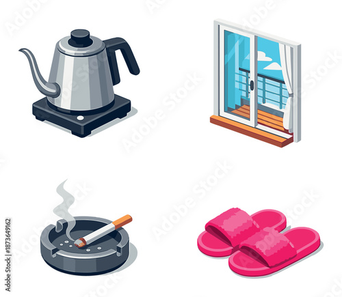 Isometric icons: electric kettle, balcony window, smoking ashtray, pink slippers