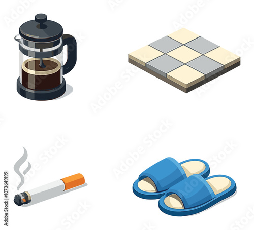 Isometric icons: coffee press, chocolate, cigarette, slippers