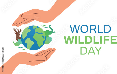 World Wildlife Day Banner with Hands Protecting Earth Globe and Animal Silhouettes