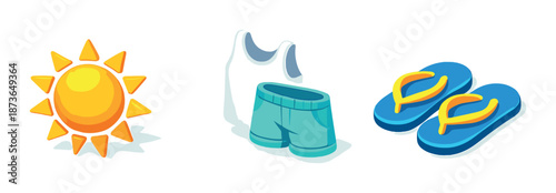 Bright summer symbols with sun, swimwear, and sandals
