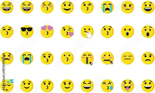 Comprehensive set of 32 classic yellow emoji faces with various expressions including laughing, kissing, crying, sleeping, and silent icons.