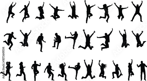 Large collection of human silhouettes jumping, dancing, and celebrating in various poses