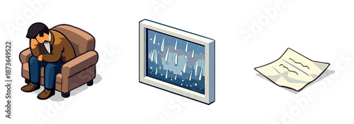 Young asian male sitting on couch in gloomy room with rainy window and letter