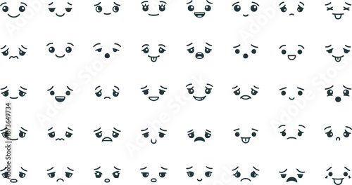 Set of Cute Kawaii Style Face Expressions and Emotions in Black and White Vector Illustration
