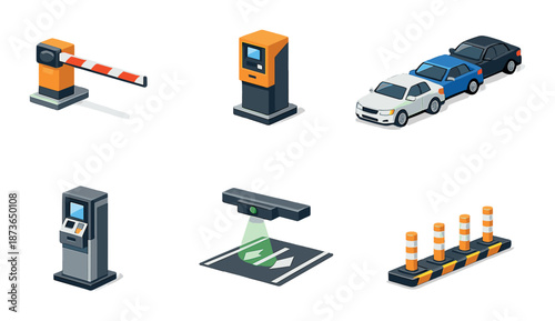 Automated parking systems with barriers, payment machines, and vehicles