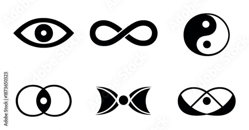 Abstract symbols: eye, infinity, yin yang, circle, bowtie, interlinked loops