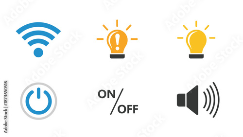 Collection of colorful technological icons including Wi-Fi signal, light bulb, power button, and sound volume.