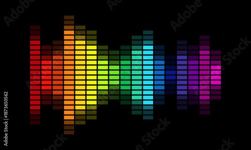 rainbow colored graphic equalizer, colorful sound wave on black background, amplifier frequency levels illustration, audio volume indicator vector illustration