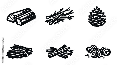 Variety of firewood and kindling icons on dark background