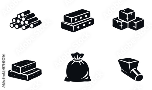 Black and white icons of building materials: logs, bricks, concrete, stone, bag, pipe