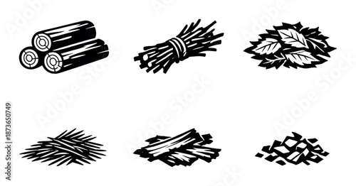 Monochrome collection of firewood and kindling icons on dark background