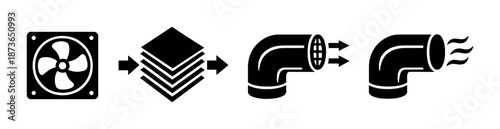 Ventilation system diagram with fan, filter, and duct flow representation
