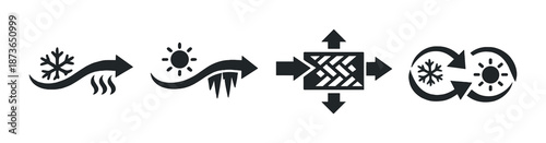 Cycle of seasons: arrows and symbols depicting weather changes from winter to summer