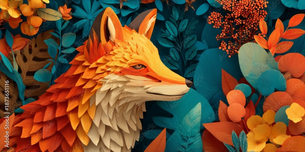 Fototapeta premium Vibrant Paper Art Fox with Autumn Leaves and Nature Elements for Creative and Artistic Projects in Modern Design