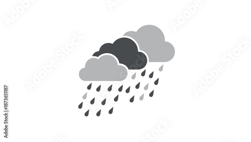 Minimalist weather icon featuring grey rain clouds with falling raindrops isolated on a plain white background for weather forecast.