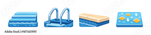 Digital pool icon set: ladders, diving boards, tiles, splash features
