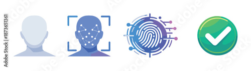 Biometric technology identification: face recognition, fingerprint, security checkmark