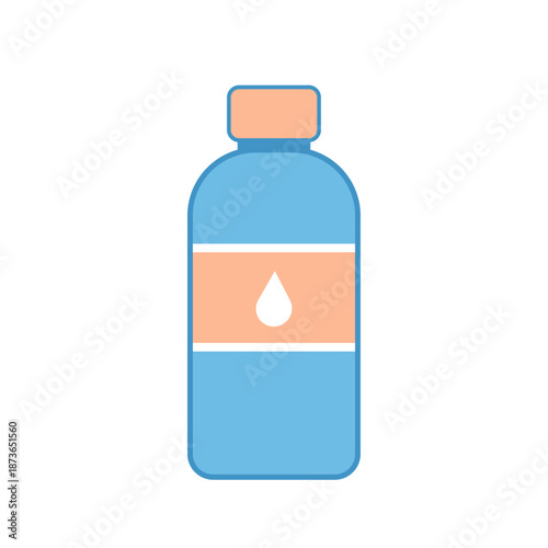 Blue bottle with orange label, droplet, vibrant colors. Ideal for cosmetic product packaging, beauty blog posts, and vibrant brand visuals.