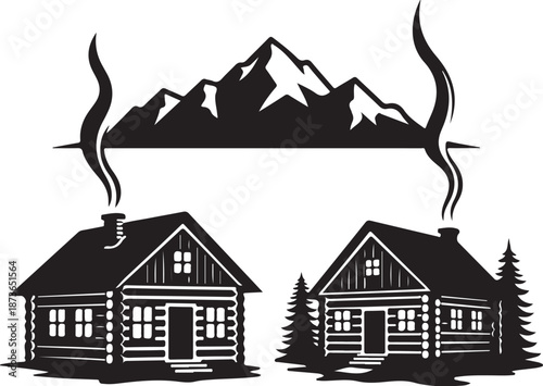 A cozy detailed log cabin nestled between two pine trees.