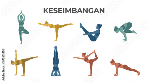 Set of Yoga Balancing Poses Illustration. Diverse women silhouettes performing various asanas for fitness, strength, and mindfulness. Vector graphic.