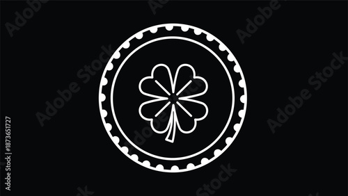 White line art drawing of a four leaf clover icon on a black background representing luck, charm, and simplicity in graphic design.