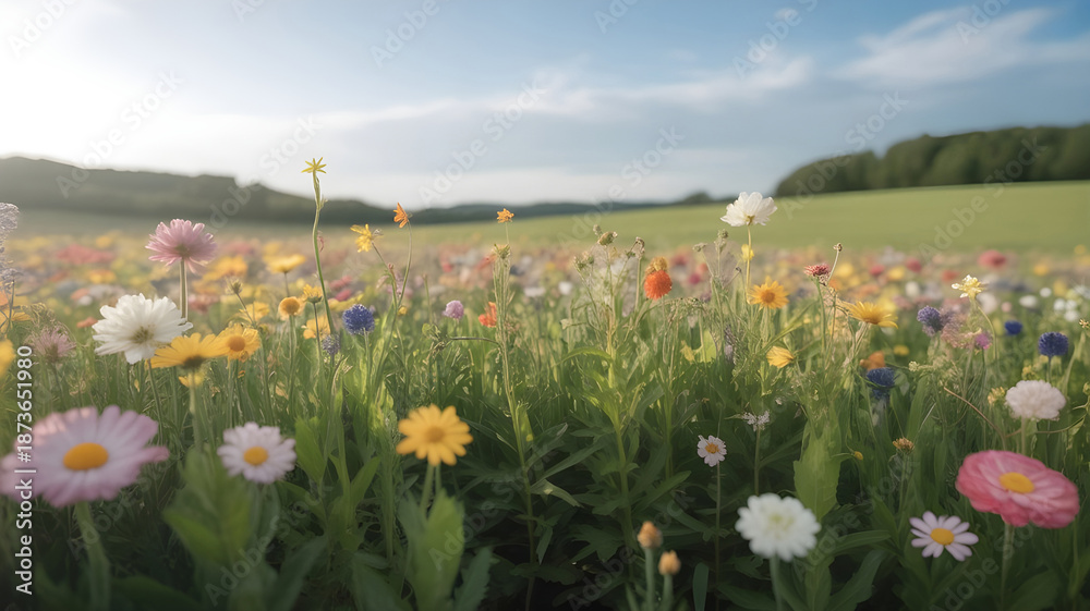 Obraz premium Vibrant wildflower meadow in full bloom under a bright summer sky with rolling green hills in the background