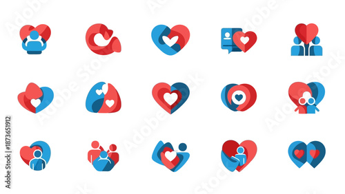 Collection of flat design heart icons in red and blue, symbolizing love, relationships, care, and community connections.