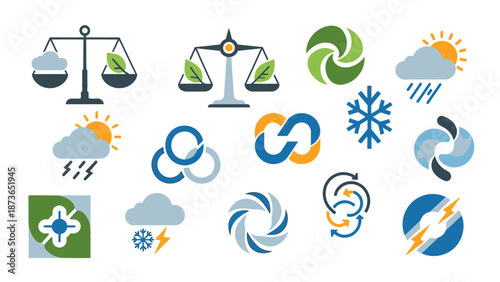 A collection of diverse environmental icons and symbols, featuring weather patterns, sustainability concepts, balance scales, and circular design elements.