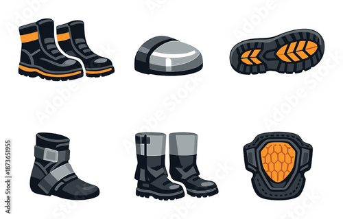 Motorcycle gear set: boots, helmet, armor, and protective pads illustrated