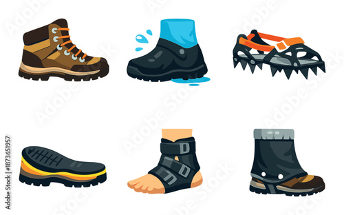 Set of outdoor footwear icons including boots, cleats, and sandals