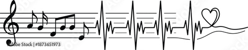 Music heartbeat waveform illustration, sound rhythm and heart pulse concept, melody notes with ECG line, love and audio harmony, black and white vector design