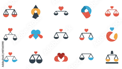 A collection of 15 flat design icons featuring balance scales and heart symbols, representing concepts of love, justice, equality, and relationships.