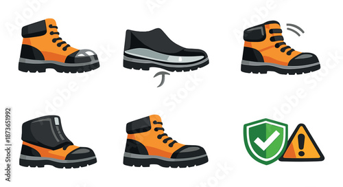 Protective footwear collection: safety boots and shoes with warning icons